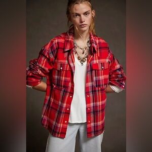 NWT Free People XS We the Free Hideaway Plaid Shirt in Red Berry Combo New $128